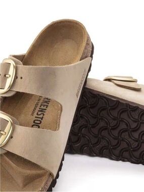 Birkenstock Arizona Sandals in Taupe with Gold Buckles